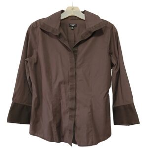 Talbots 3/4 Sleeve Hidden Button Placket Button-Down Brown Shirt Size 8 Petite